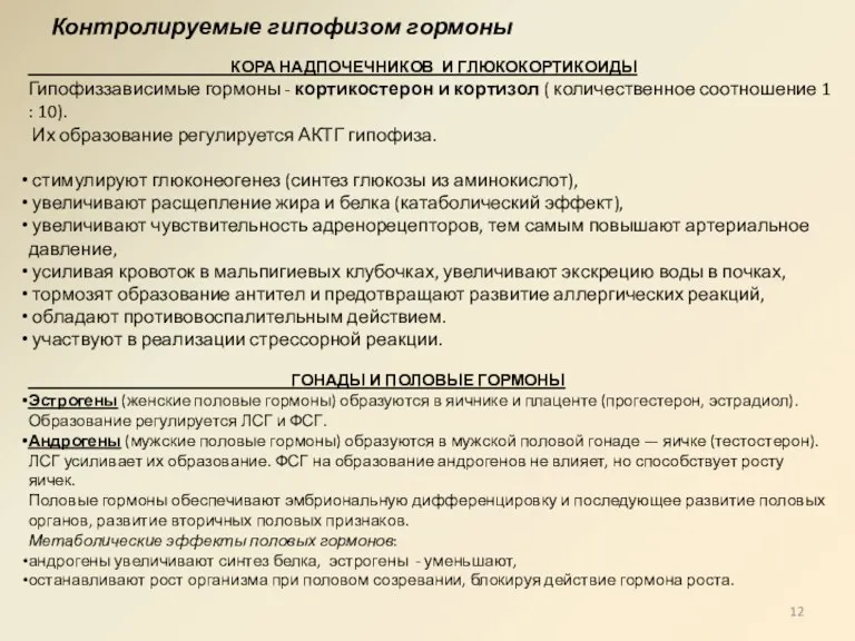 Контролируемые гипофизом гормоны КОРА НАДПОЧЕЧНИКОВ И ГЛЮКОКОРТИКОИДЫ Гипофиззависимые гормоны -