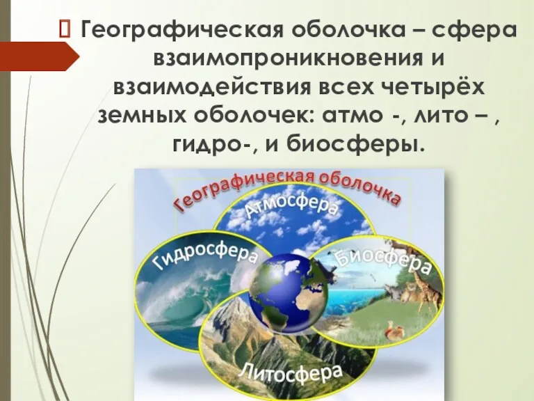 Географическая оболочка – сфера взаимопроникновения и взаимодействия всех четырёх земных