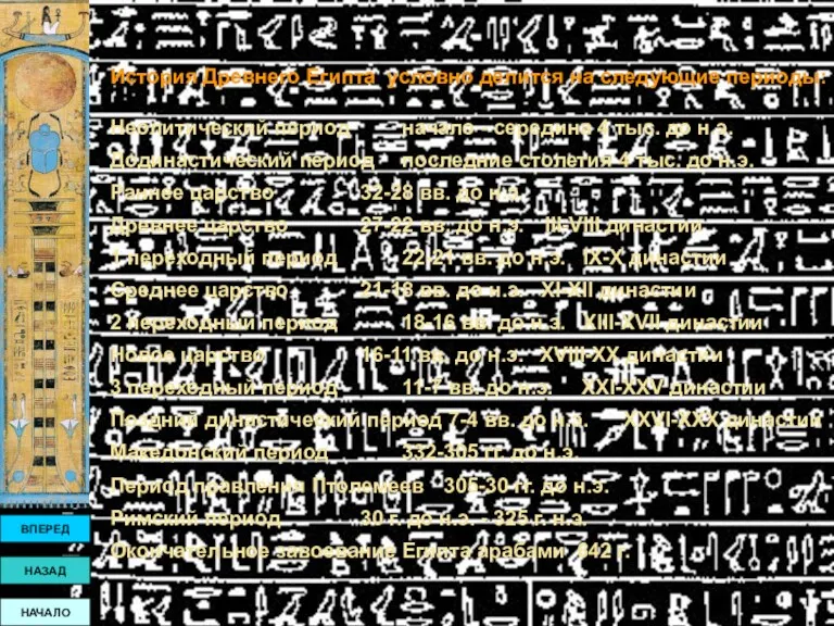 ВПЕРЕД НАЗАД НАЧАЛО История Древнего Египта условно делится на следующие периоды: Неолитический период