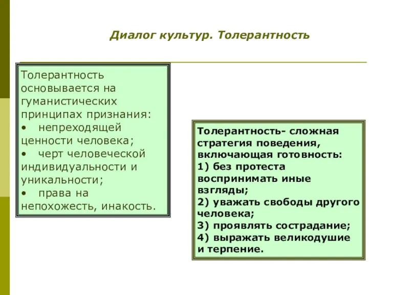 Диалог культур. Толерантность Толерантность основывается на гуманистических принципах признания: •