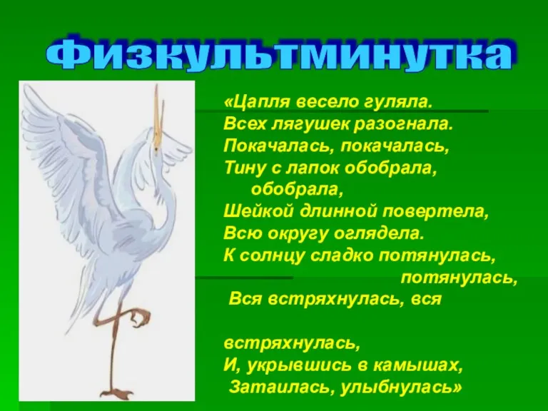 «Цапля весело гуляла. Всех лягушек разогнала. Покачалась, покачалась, Тину с лапок обобрала, обобрала,