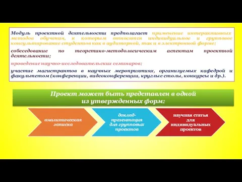 Модуль проектной деятельности предполагает применение интерактивных методов обучения, к которым