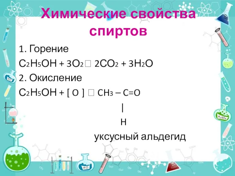 Химические свойства спиртов 1. Горение С2Н5ОН + 3О2? 2СО2 +