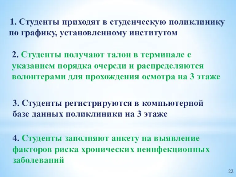 1. Студенты приходят в студенческую поликлинику по графику, установленному институтом