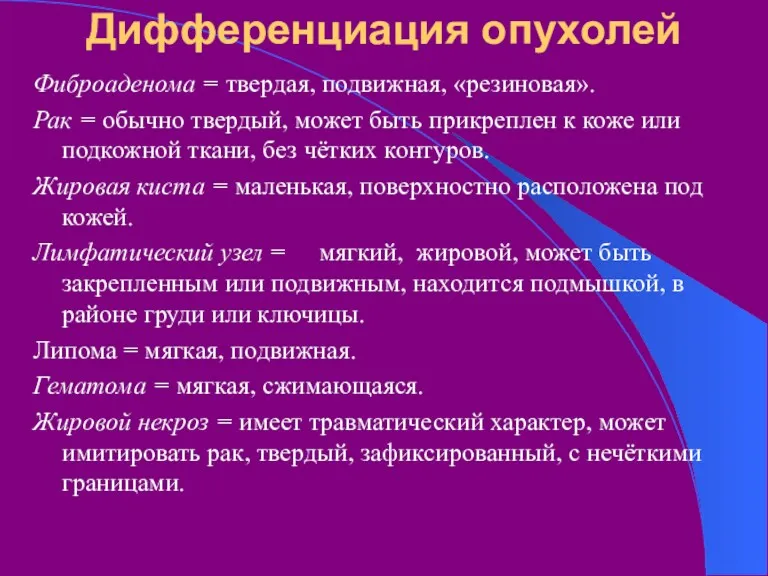 Дифференциация опухолей Фиброаденома = твердая, подвижная, «резиновая». Рак = обычно