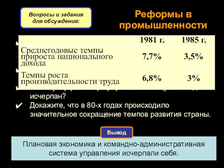 Реформы в промышленности Вопросы и задания для обсуждения: Плановая экономика