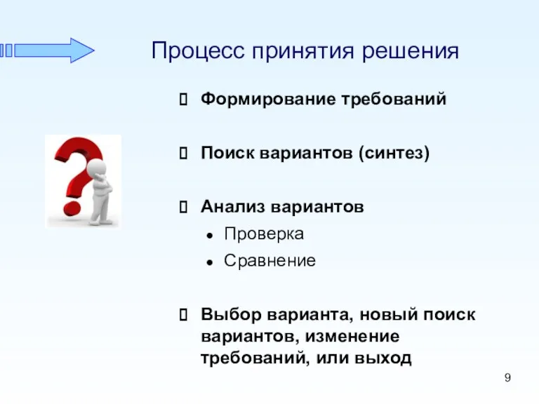 Процесс принятия решения Формирование требований Поиск вариантов (синтез) Анализ вариантов