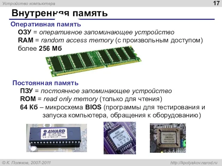 Внутренняя память Оперативная память ОЗУ = оперативное запоминающее устройство RAM