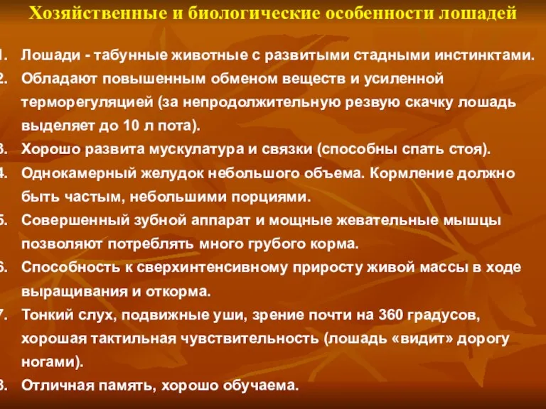 Хозяйственные и биологические особенности лошадей Лошади - табунные животные с