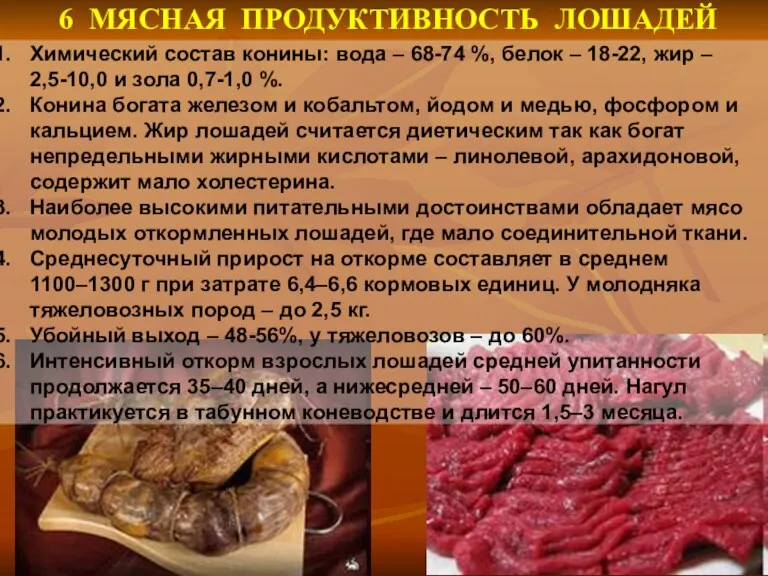 6 МЯСНАЯ ПРОДУКТИВНОСТЬ ЛОШАДЕЙ Химический состав конины: вода – 68-74