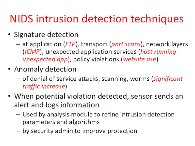 NIDS intrusion detection techniques Signature detection at application (FTP), transport