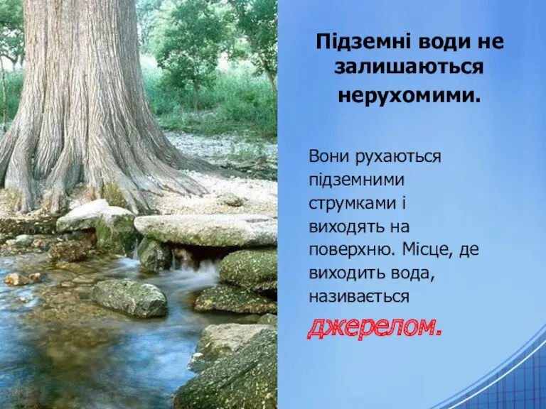 Підземні води не залишаються нерухомими. Вони рухаються підземними струмками і