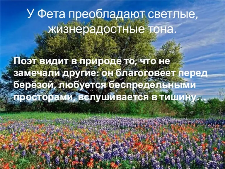 У Фета преобладают светлые, жизнерадостные тона. Поэт видит в природе