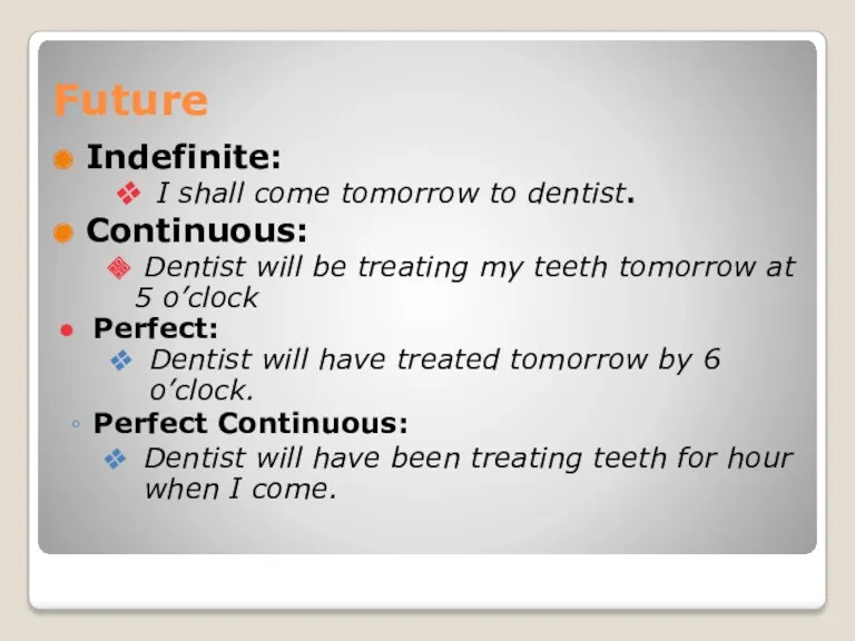 Future Indefinite: I shall come tomorrow to dentist. Continuous: Dentist