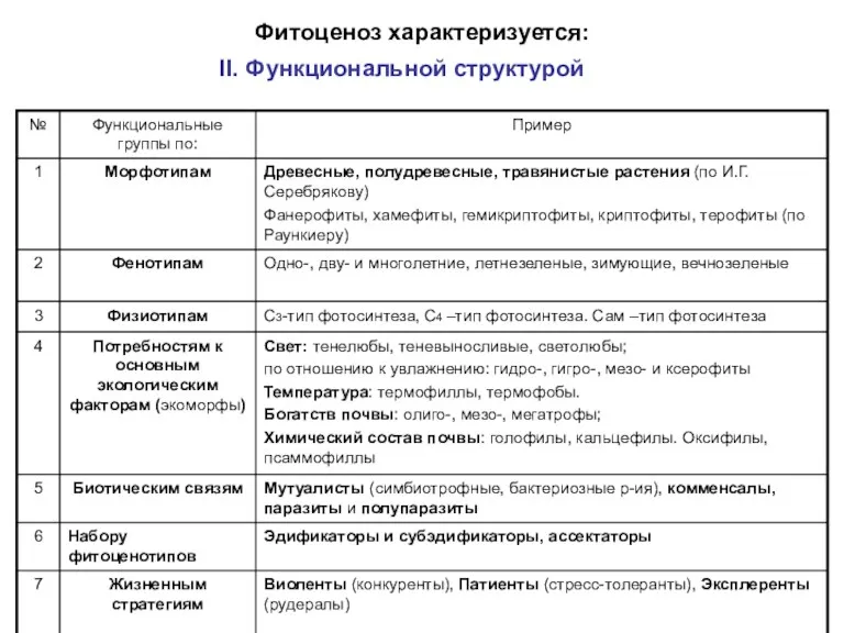 Фитоценоз характеризуется: II. Функциональной структурой