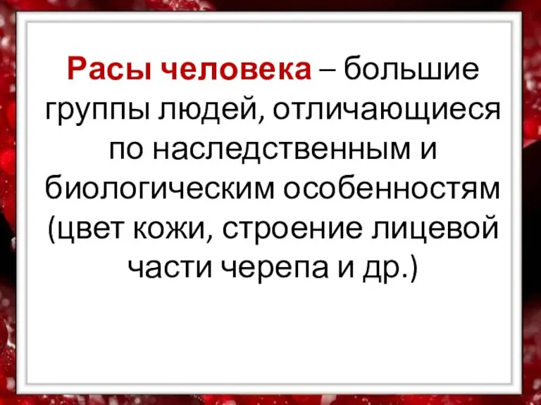 Расы человека – большие группы людей, отличающиеся по наследственным и