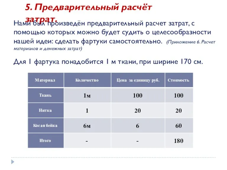 5. Предварительный расчёт затрат. Нами был произведён предварительный расчет затрат,