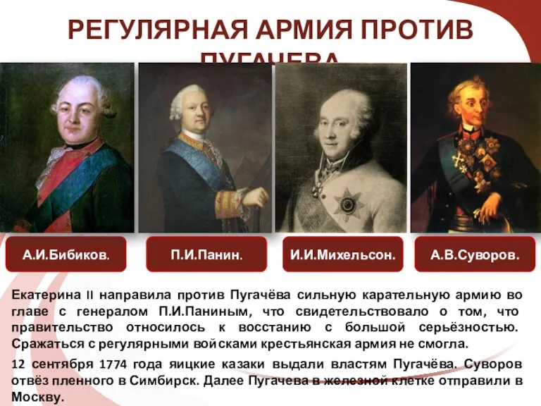 РЕГУЛЯРНАЯ АРМИЯ ПРОТИВ ПУГАЧЕВА А.И.Бибиков. П.И.Панин. И.И.Михельсон. А.В.Суворов. Екатерина II