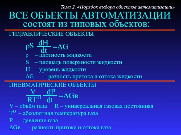 R V ВСЕ ОБЪЕКТЫ АВТОМАТИЗАЦИИ ГИДРАВЛИЧЕСКИЕ ОБЪЕКТЫ Тема 2. «Порядок