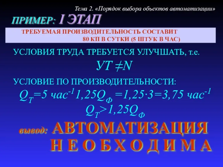 ПРИМЕР: I ЭТАП Тема 2. «Порядок выбора объектов автоматизации» УСЛОВИЯ