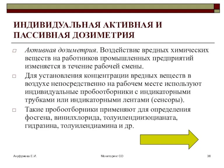 Ануфриева Е.И. Мониторинг СО ИНДИВИДУАЛЬНАЯ АКТИВНАЯ И ПАССИВНАЯ ДОЗИМЕТРИЯ Активная