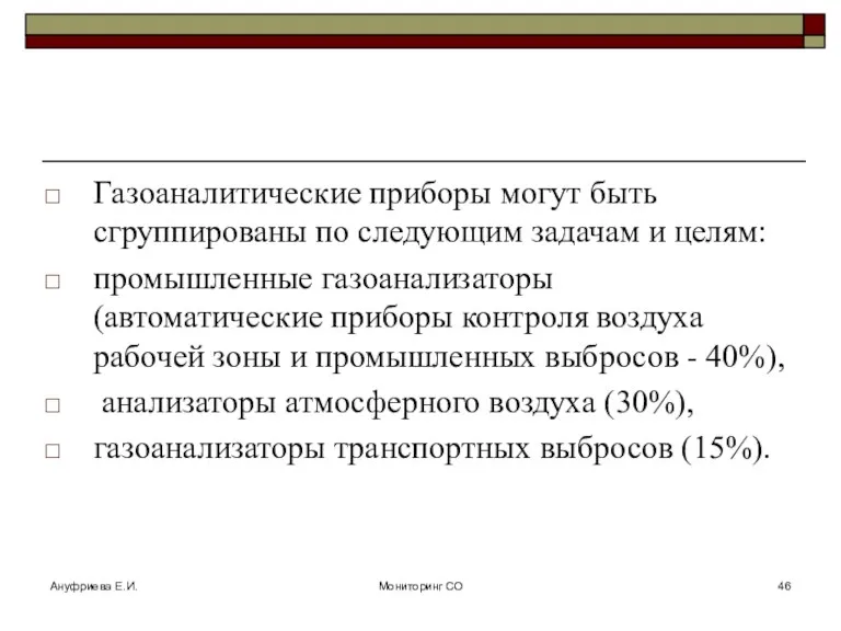 Ануфриева Е.И. Мониторинг СО Газоаналитические приборы могут быть сгруппированы по