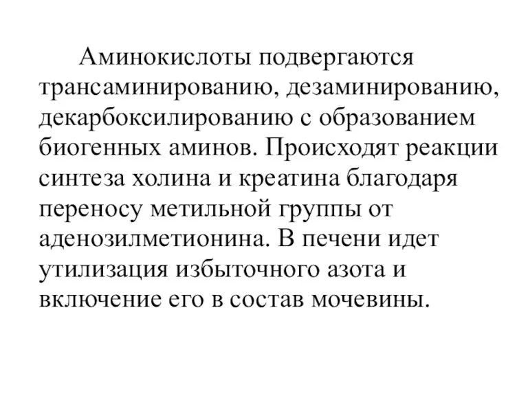 Аминокислоты подвергаются трансаминированию, дезаминированию, декарбоксилированию с образованием биогенных аминов. Происходят