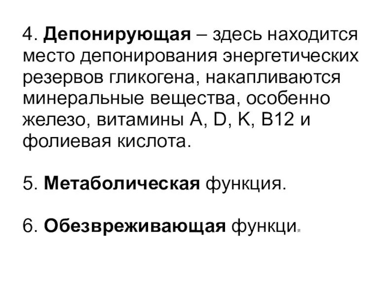 4. Депонирующая – здесь находится место депонирования энергетических резервов гликогена,