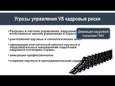 Угрозы управления VS кадровые риски Разрывы в системе управления, нарушения