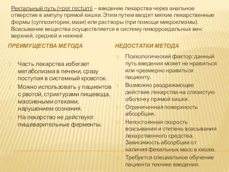 Ректальный путь (>per rectum) – введение лекарства через анальное отверстие в ампулу прямой