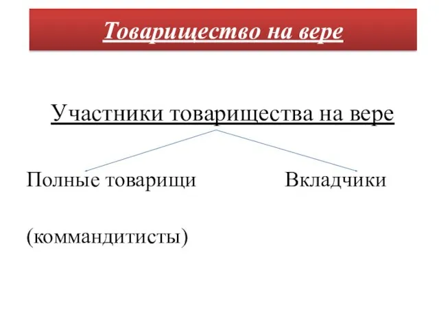 Участники товарищества на вере Полные товарищи Вкладчики (коммандитисты) Товарищество на вере