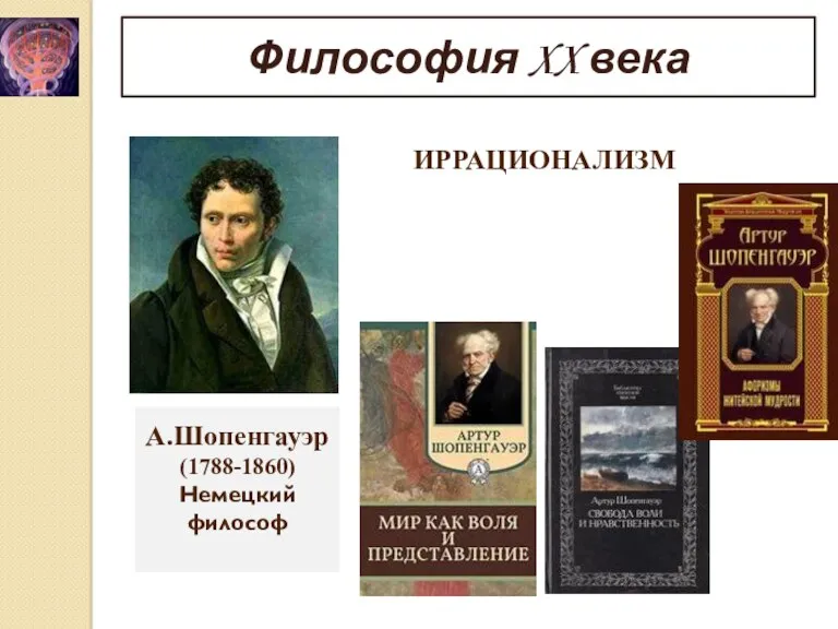 Философия XX века А.Шопенгауэр (1788-1860) Немецкий философ ИРРАЦИОНАЛИЗМ