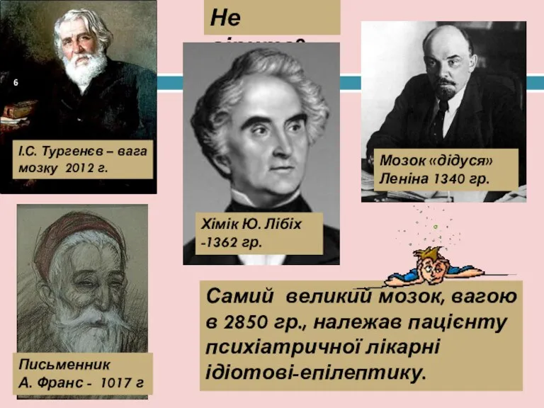 Самий великий мозок, вагою в 2850 гр., належав пацієнту психіатричної