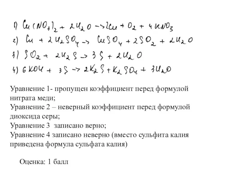 Уравнение 1- пропущен коэффициент перед формулой нитрата меди; Уравнение 2