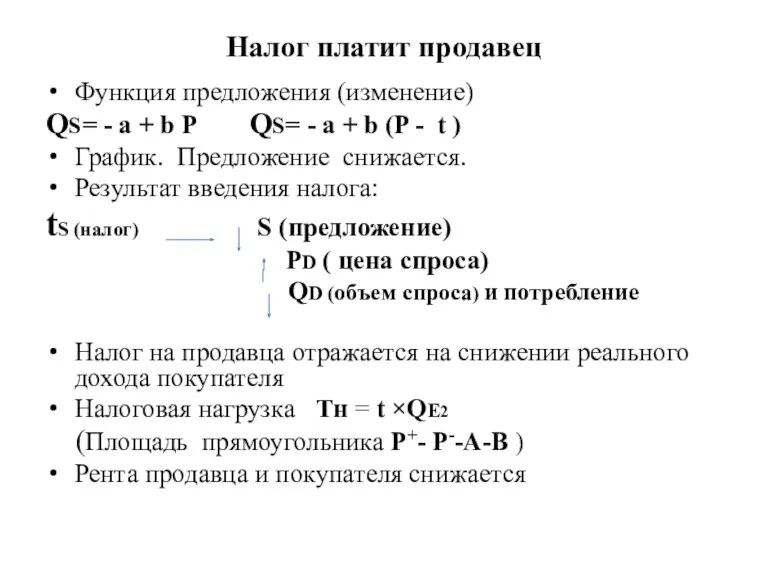 Налог платит продавец Функция предложения (изменение) QS= - a +