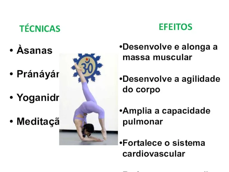 Àsanas Pránáyáma Yoganidra Meditação Desenvolve e alonga a massa muscular Desenvolve a agilidade