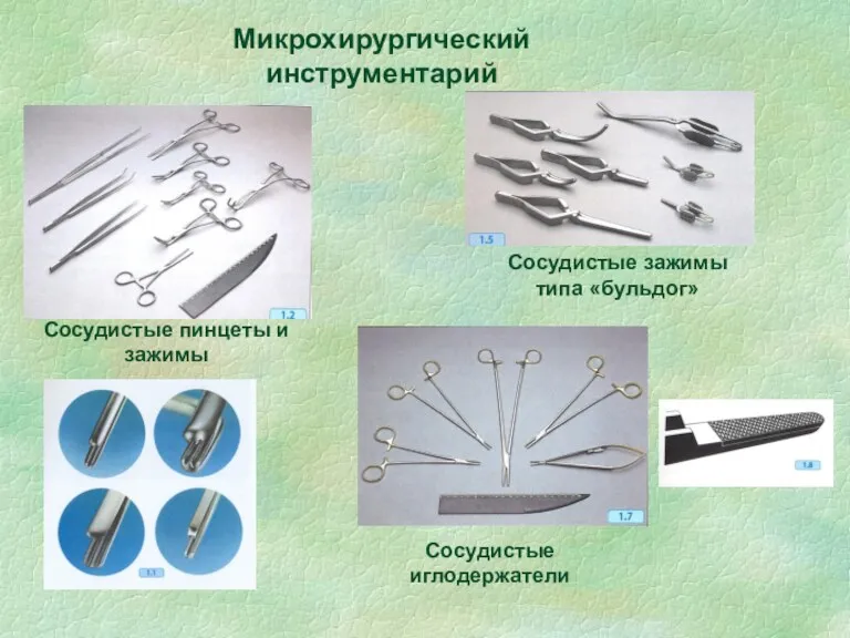 Микрохирургический инструментарий Сосудистые пинцеты и зажимы Сосудистые зажимы типа «бульдог» Сосудистые иглодержатели