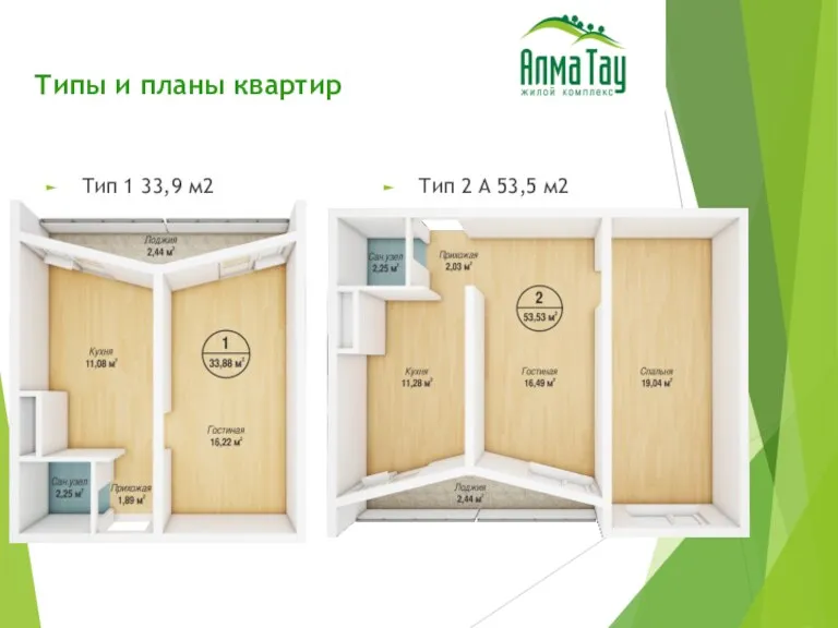 Типы и планы квартир Тип 1 33,9 м2 Тип 2 A 53,5 м2