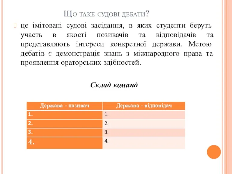 Що таке судові дебати? це імітовані судові засідання, в яких студенти беруть участь