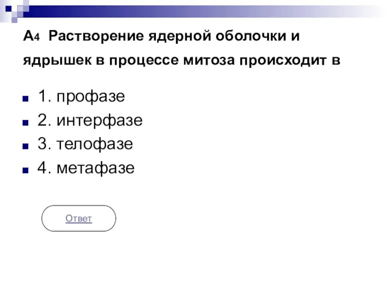 А4 Растворение ядерной оболочки и ядрышек в процессе митоза происходит