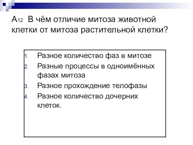 А12 В чём отличие митоза животной клетки от митоза растительной клетки?