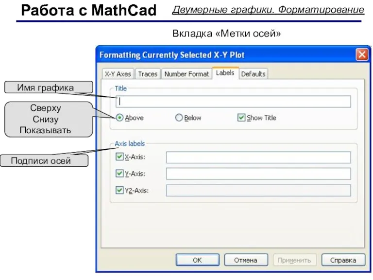 Работа с MathCad Работа с MathCad Двумерные графики. Форматирование Вкладка