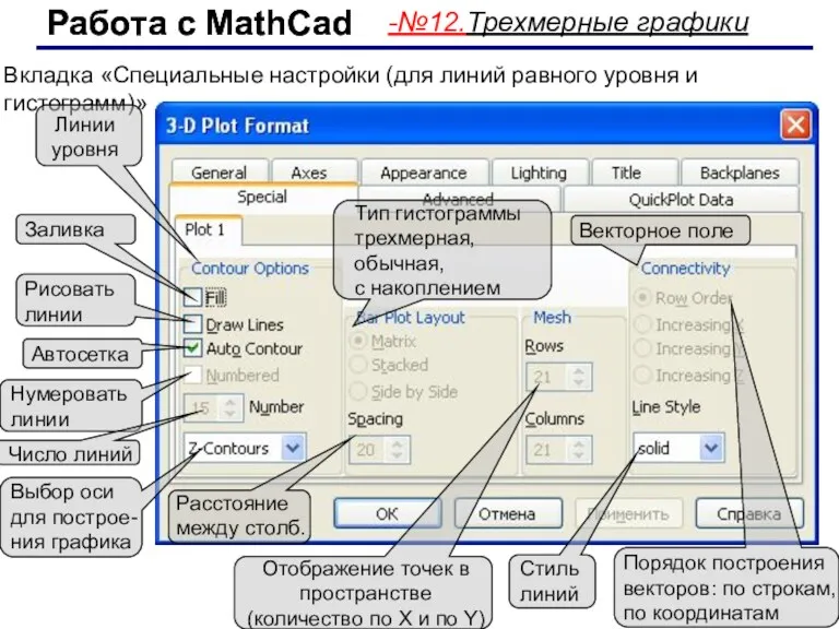 Работа с MathCad Работа с MathCad -№12.Трехмерные графики Вкладка «Специальные