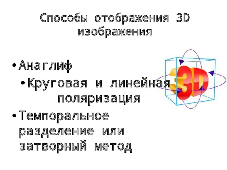 Анаглиф Круговая и линейная поляризация Темпоральное разделение или затворный метод Способы отображения 3D изображения