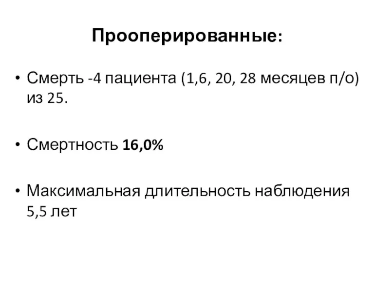 Прооперированные: Смерть -4 пациента (1,6, 20, 28 месяцев п/о) из