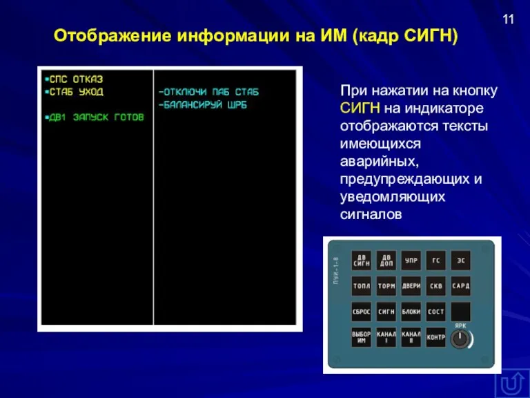 Отображение информации на ИМ (кадр СИГН) При нажатии на кнопку