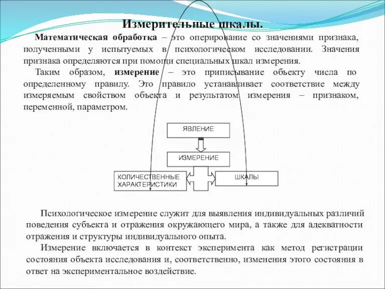 Измерительные шкалы. Математическая обработка – это оперирование со значениями признака,