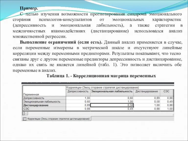 Пример. С целью изучения возможности прогнозирования синдрома эмоционального сгорания психологов-консультантов