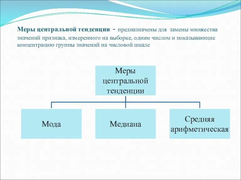 Меры центральной тенденции - предназначены для замены множества значений признака,