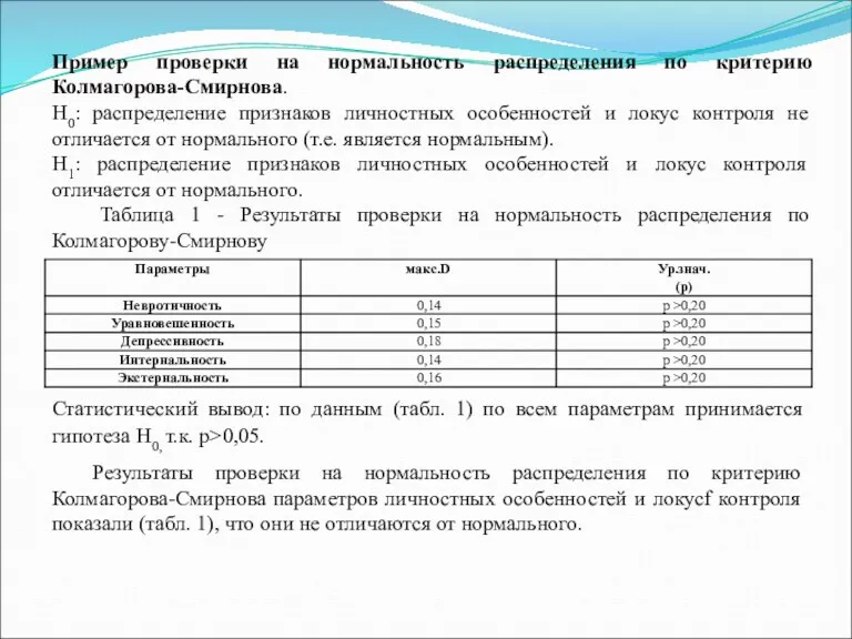 Пример проверки на нормальность распределения по критерию Колмагорова-Смирнова. H0: распределение